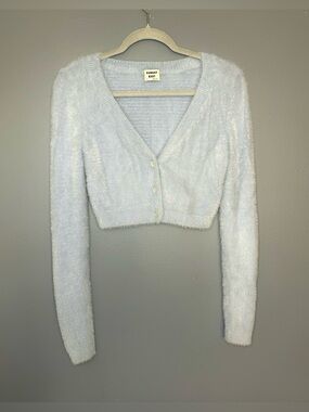 Sunday Best Sweater XS Blue Fuzzy Cropped Button Cardigan Soft Knit Academia